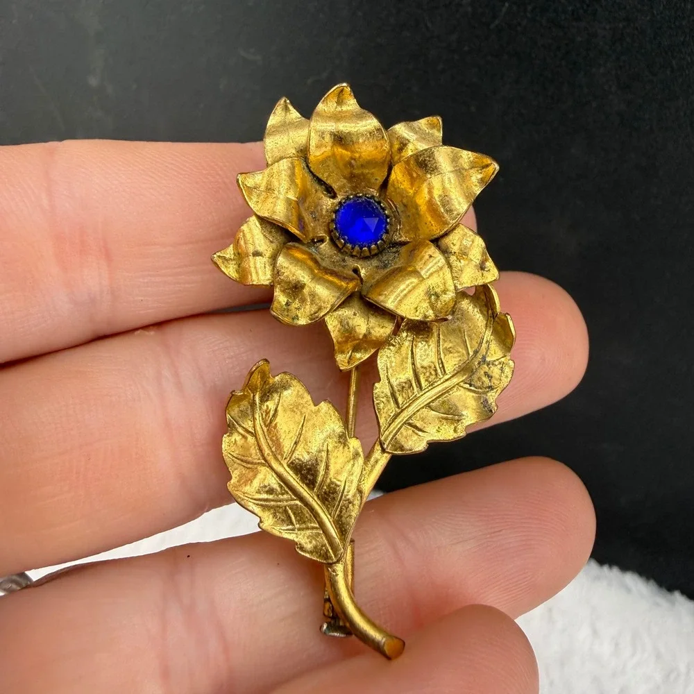 Vintage Swiss Made Flower Brooch Gold Blue Rhinestone Floral Pin Women